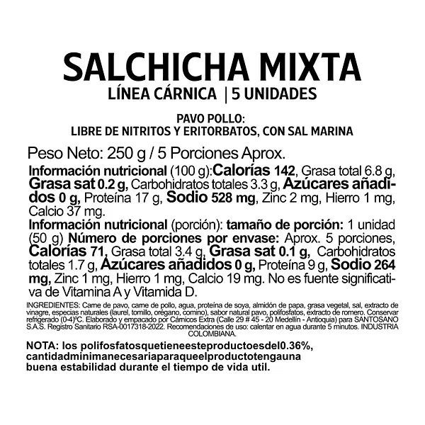 Salchicha Mixta Pavo Y Pollo 250g Santosano