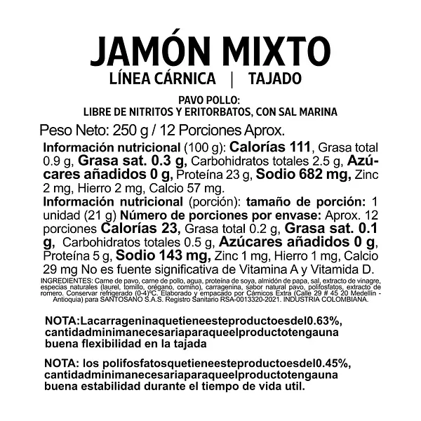 Jamón Mixto Pavo Y Pollo 250g Santosano