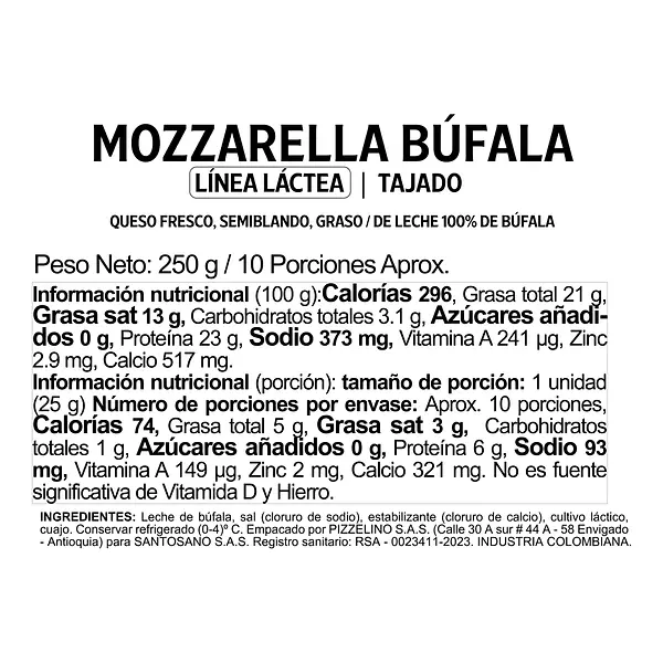 Queso Mozzarella Búfala Tajado 250g Santosano